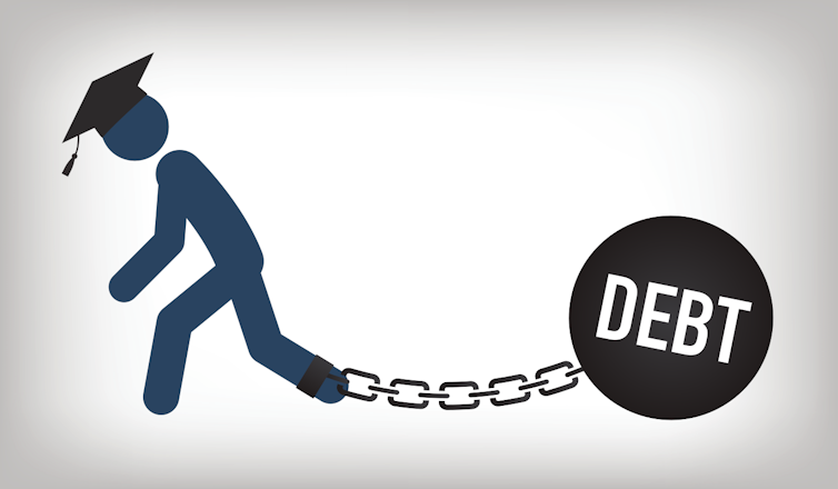 Illustration of university student dragging a debt ball and chain