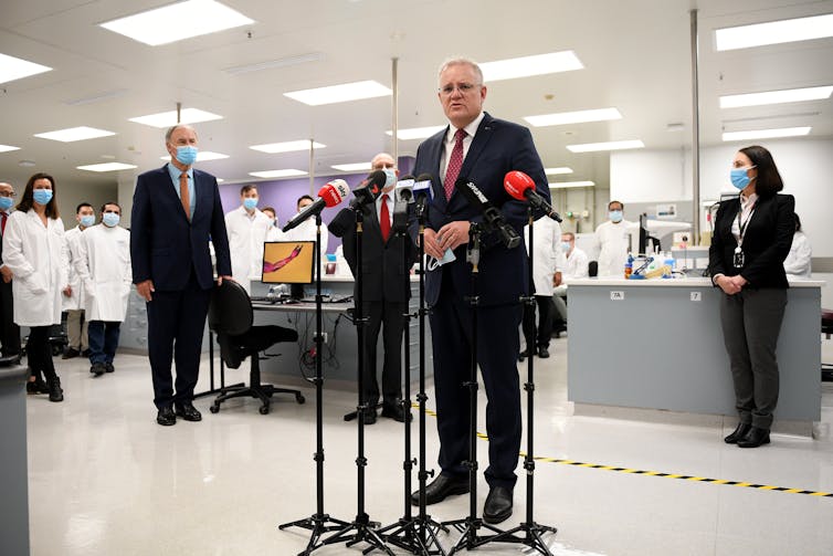 Scott Morrison at a press conference at Astra Zeneca laboratories.