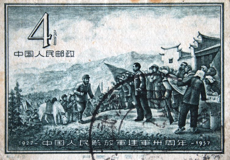Stamp from 1957 showing Mao meeting peasants. Stamp from 1957 showing Mao meeting peasants.