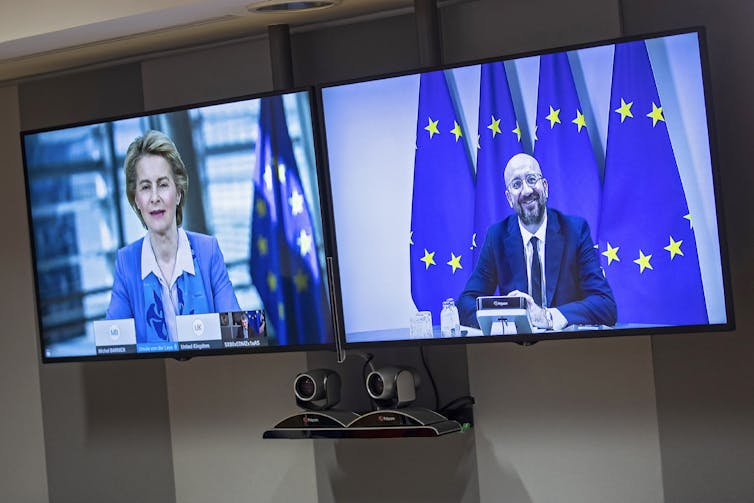 European Council President Jean Michel and European Commission President Ursula von der Leyen on video screens.