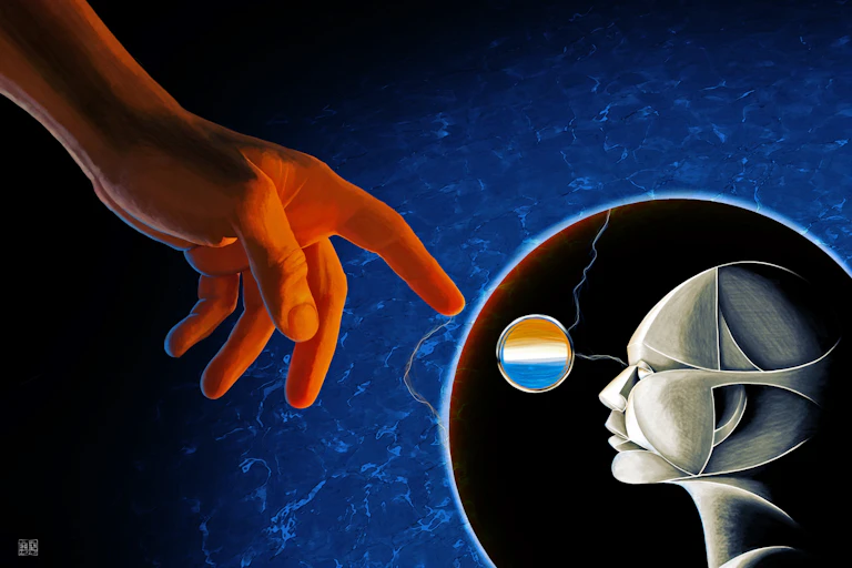 A hand reaching towards a robotic person in a bubble.