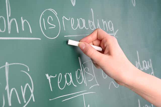 Hand writing with chalk on greenboard: "John is reading"