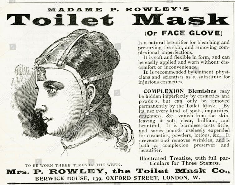 Advertisement for Rowley's Toilet Mask shows woman with rubber face shield.