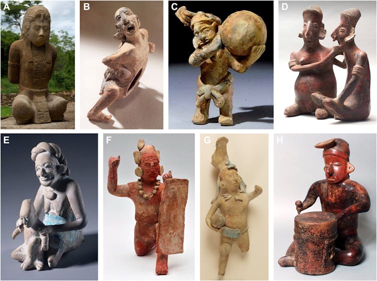 Eight photos of ancient mesoamerican statues showing facial expressions.