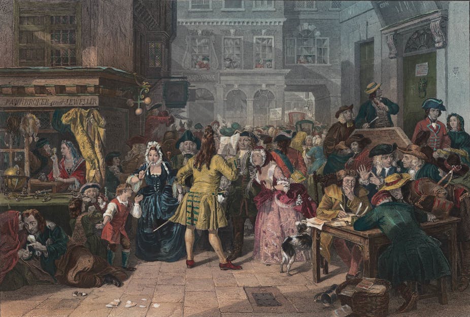 Painting depicting the panic of the South Sea bubble.