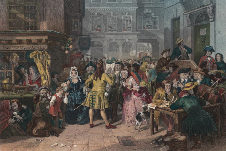 Painting depicting the panic of the South Sea bubble.