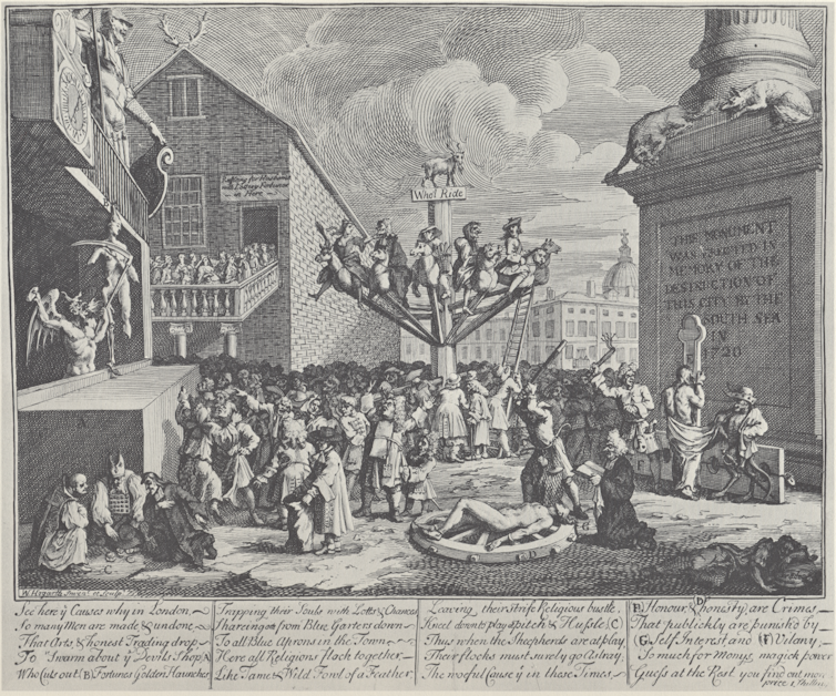 Black and white print by William Hogarth caricaturing the South Sea Bubble.