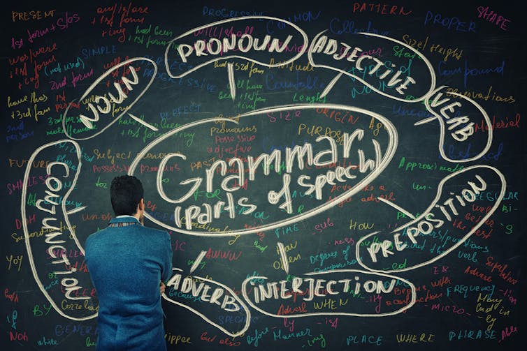 Man looks at writing on blackboard.