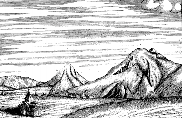Engraved illustration of mountain range with church in foreground