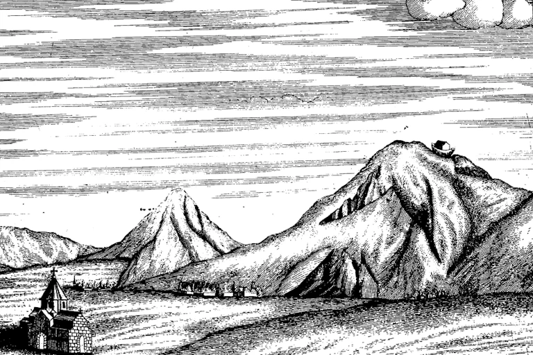 Engraved illustration of mountain range with church in foreground