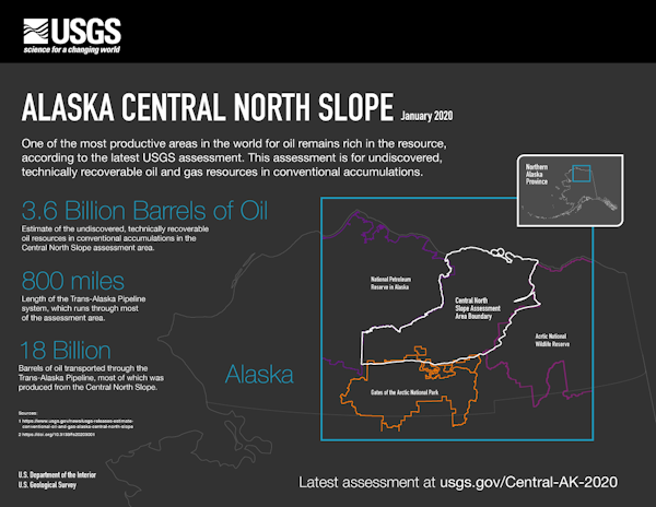 アラスカ北斜面中央部に推定36億バレルの石油を示す米国地質調査所の地図's central North Slope.