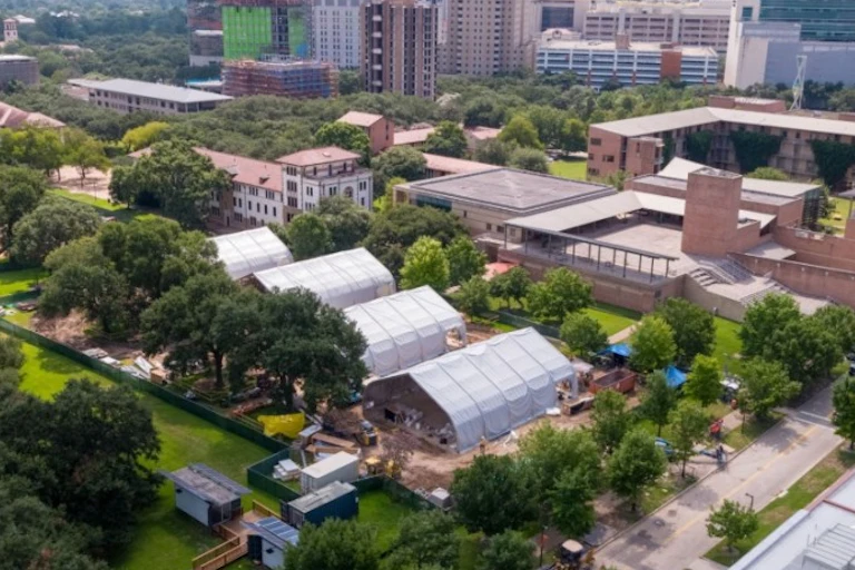 Rice University has installed tents and temporary buildings in which to hold in-person classes this fall.