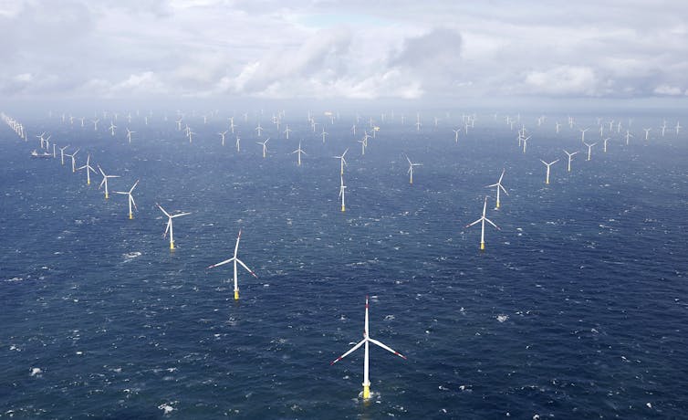 Aerial shot of an offshore wind farm