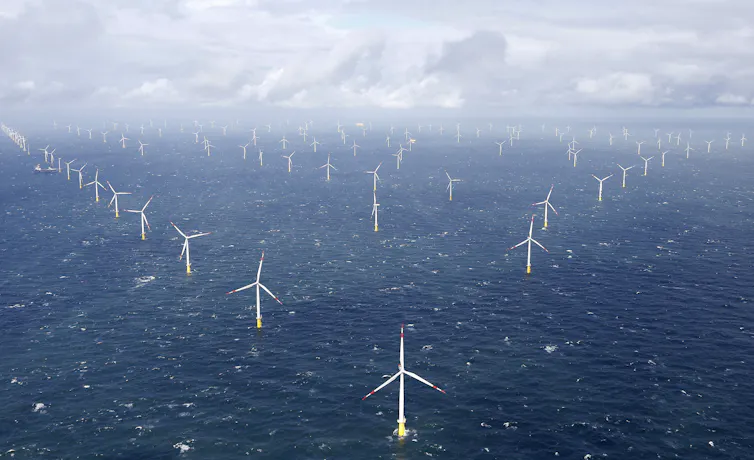 Aerial shot of an offshore wind farm