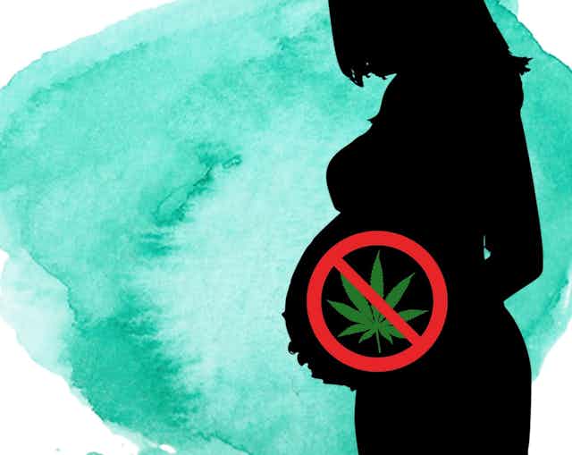 Silhouette of a pregnant woman with a marijuana leaf in a red circle with a line through it on her belly, against a green watercolour background.