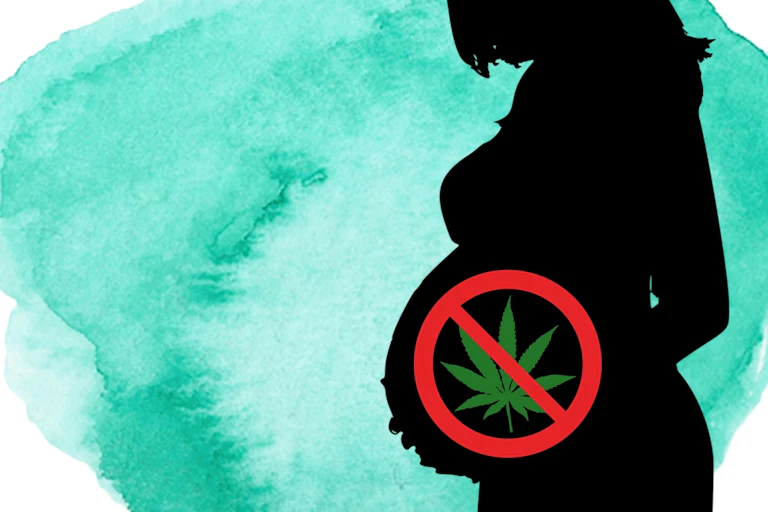 Silhouette of a pregnant woman with a marijuana leaf in a red circle with a line through it on her belly, against a green watercolour background.