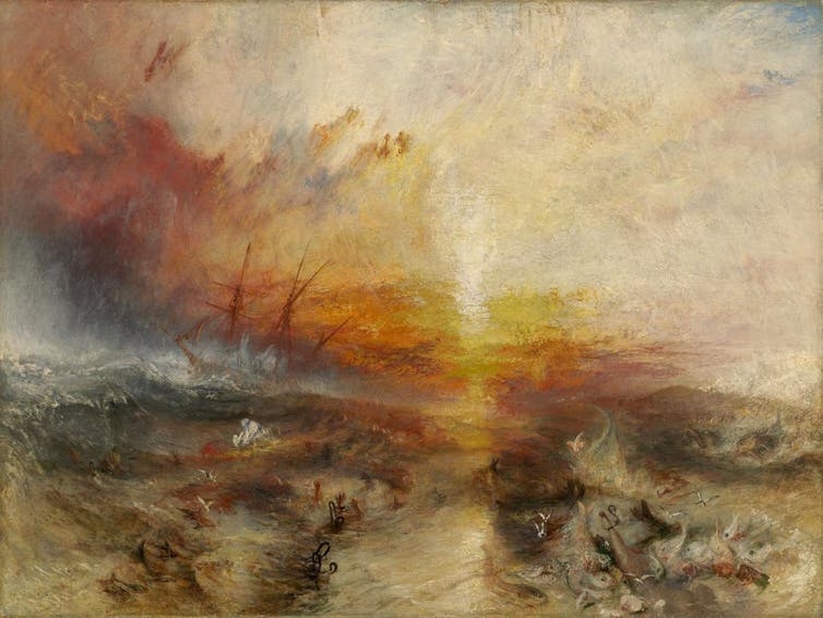 Painting by JMW Turner showing abstract ship at sunset with bodies in water.