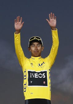 Columbian cyclist Egan Bernal wearing the Tour de France yellow jersey.
