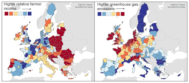 Two maps comparing farm income across the EU with greenhouse gas emissions.