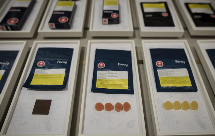 Display of different types of marijuana edibles, including dummies and chocolate squares, along with their packaging.