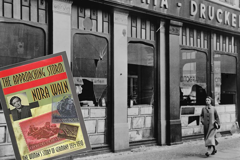 Woman walks past Jewish shop in Germany with windows broken during the Kristallnacht pogrom (inset, cover of Waln's memoir).