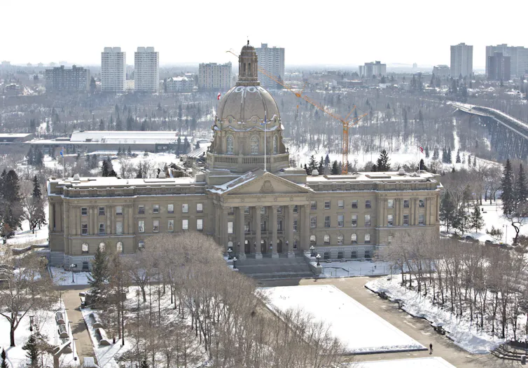 View of Alberta legislature from above, in winter.