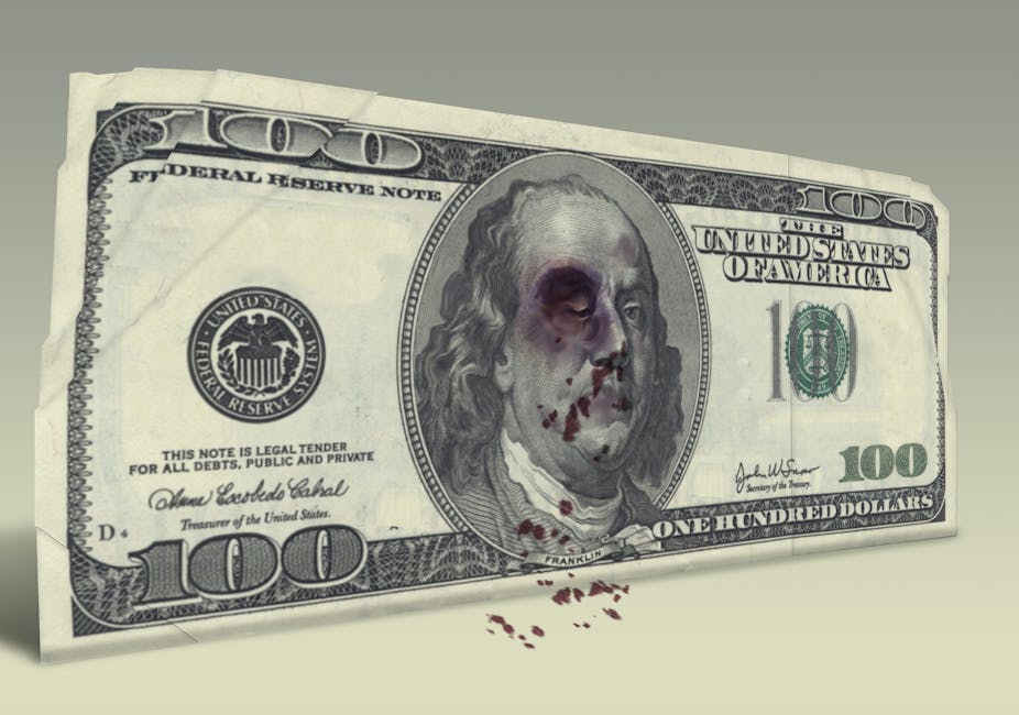100 dollar bill with Benjamin Franklin with black eye