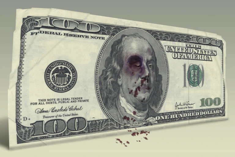 100 dollar bill with Benjamin Franklin with black eye