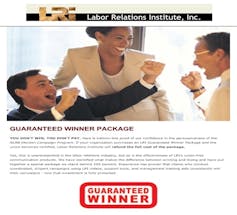 An old brochure from the Labor Relations Institute offered clients a money-back guarantee that it could successfully prevent employees from forming a union.