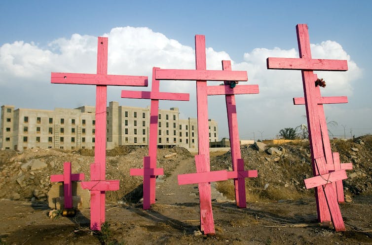 Eight pink wooden crosses mark a mass grave at a construction site