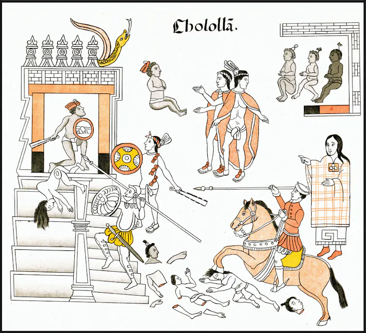 Colorful image of Spanish on horseback attacking Native people at a temple