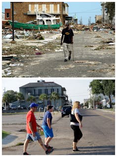 Street in Biloxi strewn with debris in 2005 and rebuilt a decade later.