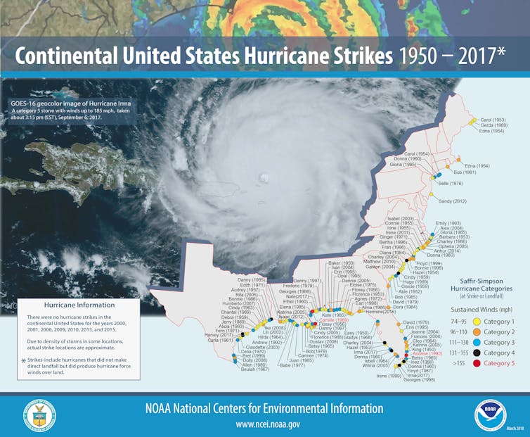 Map showing hurricanes strikes on U.S. coasts 1950-2017.