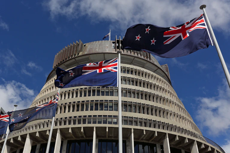 New Zealand parliament building and New Zealand flags