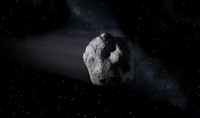 A drawing of an asteroid in space.