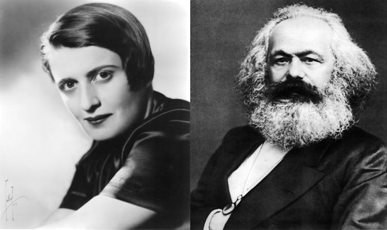 Portraits of Ayn Rand and Karl Marx