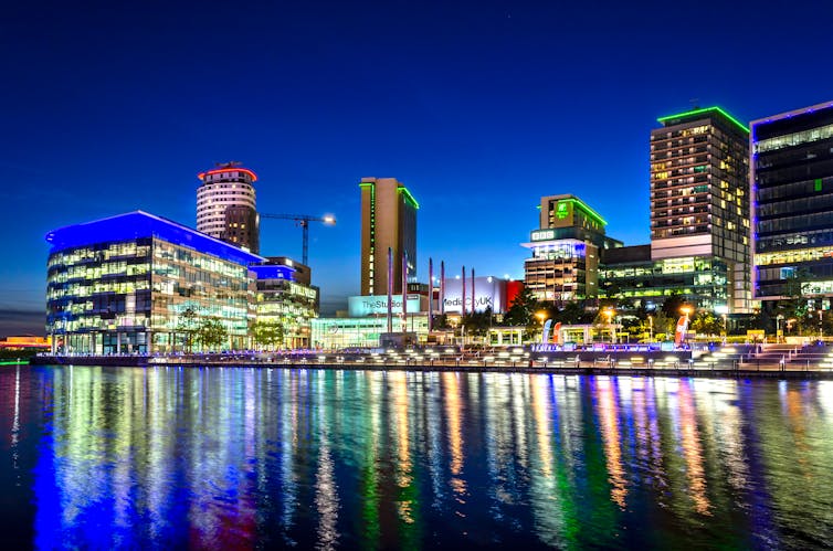 Salford skyline showing MediaCity office buildings.
