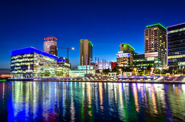 Salford skyline showing MediaCity office buildings.