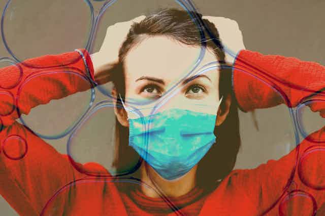 Photo illustrations of a woman with a mask and chemicals.