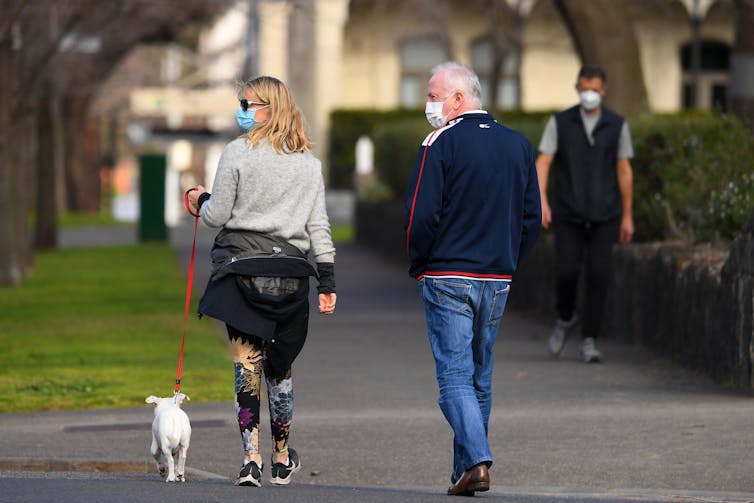 Woman and man wearing masks, while walking a dog down suburban street.