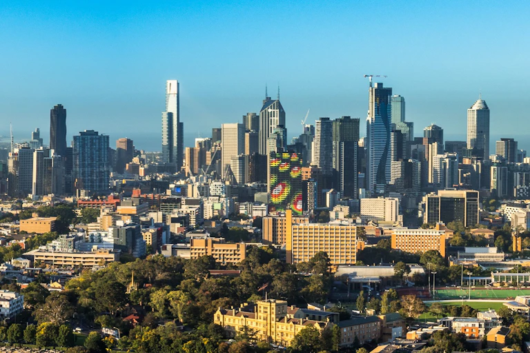 Aerial view of Melbourne and RMIT university precincts in front of the Melbourne CBD