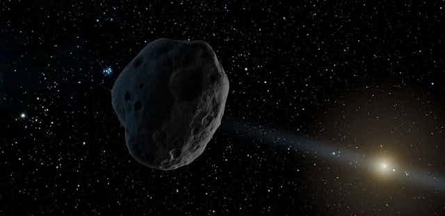 Illustration of asteroid with Sun in background