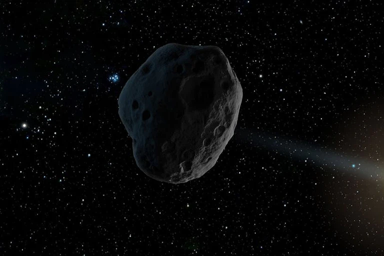 Illustration of asteroid with Sun in background