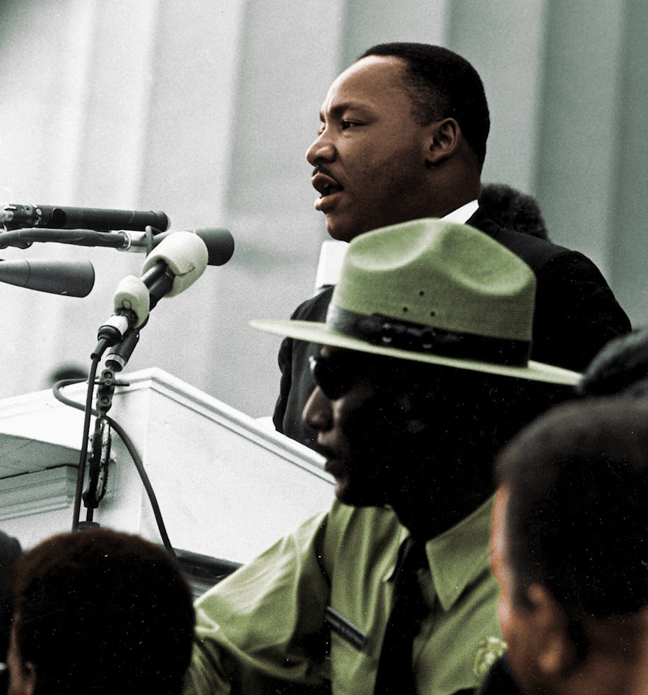 Martin Luther King, Jr., speaking to crowd.