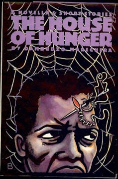 Book cover with an illustration of a man against a spider's web, a spider with a needle stitching a long cut on his forehead.