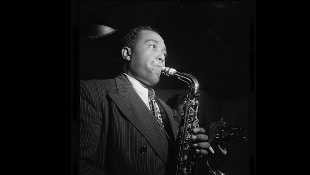 American saxophonist Charlie 'Bird' Parker playing alto sax