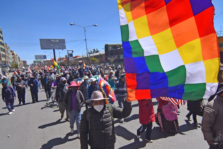 Protestors waving colourful flags walk down a street.