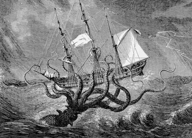 A giant squid attacks a schooner