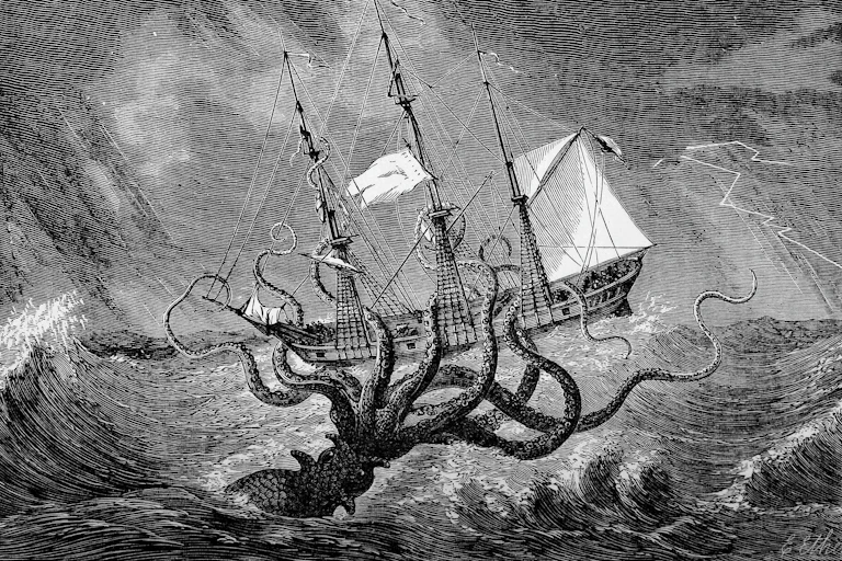 A giant squid attacks a schooner