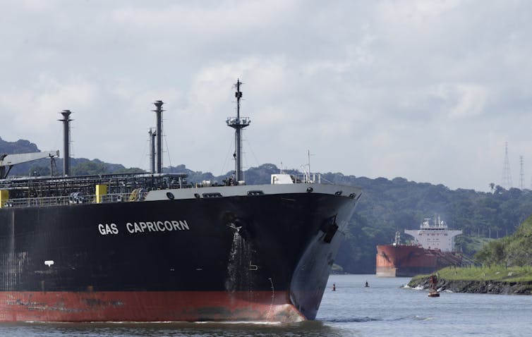 Two cargo ships in the Panama Canal